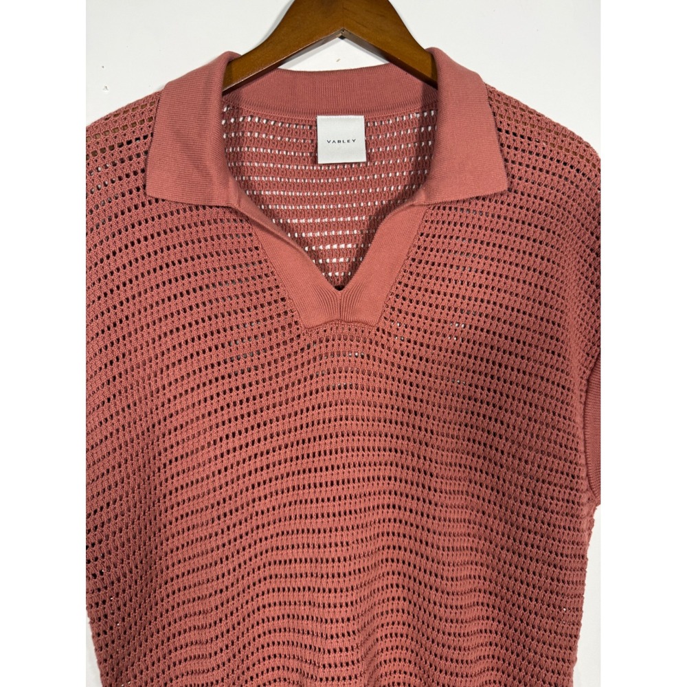 Varley Women Large Terracotta Pink Mesh Knit Cotton Polo Sweater Vest Top